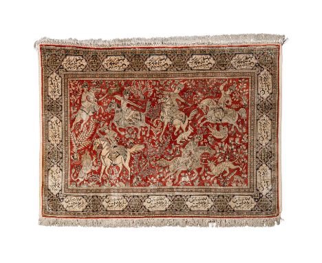 Orientteppich aus Seide. GHOM/PERSIEN, 20. Jh., ca. 109x153 cm. Jagdteppich mit hellrotem Innenfeld, das sechs Reiter auf der