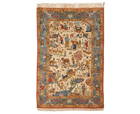 Orientteppich. PERSIEN, 1. Hälfte 20., Jh., 209x140 cm. Bildteppich mit beigem Mittelfeld, das figürliche Szenen aus dem dörf