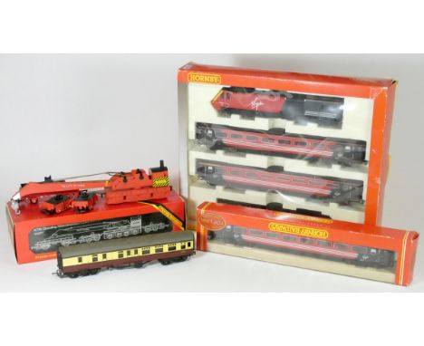 A Hornby OO gauge Virgin Trains collection, to include 43092 and 43090 locos with two passenger coaches, all in Virgin Trains