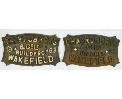 Two cast iron railway builders wagon plate, Chas. Roberts &amp; Co Ltd, Wakefield. 1963. 29 x 16cm.