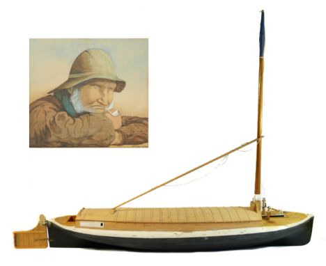 A Norfolk Wherry model, scale 1:16, fibreglass hull, wooden topsides, incomplete, with 1985 blue print plans, lead ballast, 1