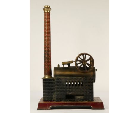 A German tinplate horizontal boiler stationary live steam engine, c.1910-20, no maker, with twin flywheels and burner, maroon