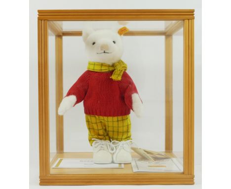 Steiff, Rupert Bear plush figure, Rupert Classics number 662782 complete with outfit and leather shoes, 28cm, Perspex display