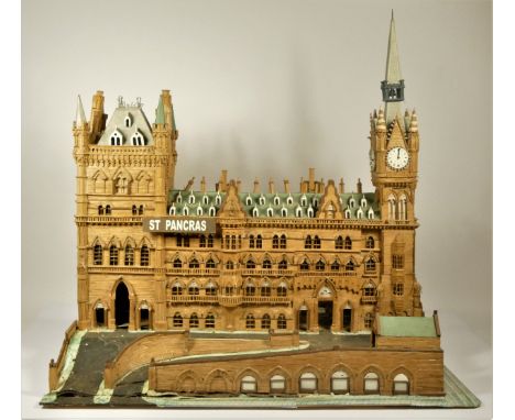 A matchstick scratch built model of St Pancras Hotel, Euston Rd, London, with decorated roof tiles, paved driveway and paveme