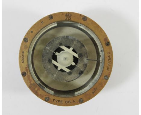A WWII era R.A.F. hand bearing compass, Type O6.A, 6A/1248, A.M. crowned, No. 19764D, brass case, lacking handle 