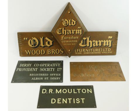 Three metal plaques, T. H. Hoggett &amp; Son, builders and joiners, 33cm x 18cm, D.R. Moulton, dentist, 30cm x 15cm and Derby