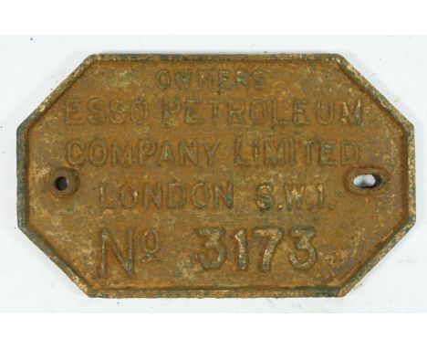 A cast iron railway wagon owners plate, Esso Petroleum &amp; Co Ltd, London. (No 3173) 23 x 14cm 