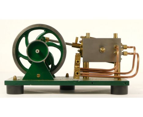 A scratch built brass and steel oscillating air beam engine, 30 x 14cm. 