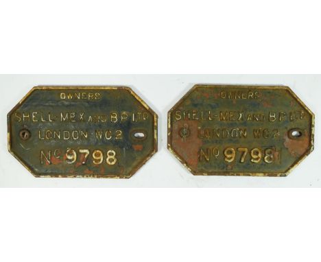 Two cast iron railway wagon owners plates, Shell Mex &amp; BP Ltd, London (9798). From same wagon. 23 x 14cm.