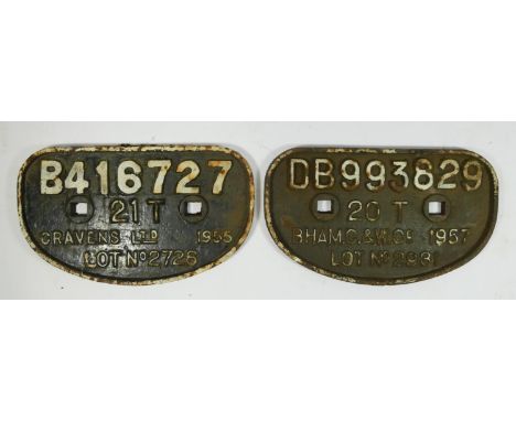 Two cast iron 'D' railway wagon plates, Cravens Ltd 1955, B416727 and Birmingham C&amp;W Ltd 1957 20T DB993829, 27 x 16cm. (2