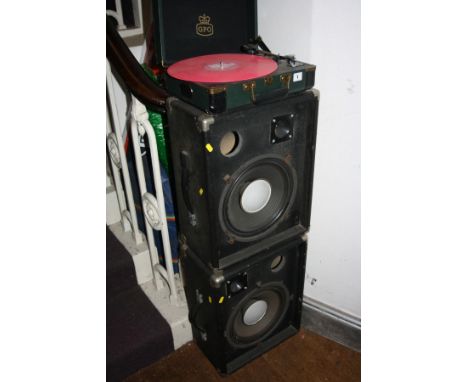 A MODERN GPO TURNTABLE, and a pair of vintage 1, both with one 12' co-axial speaker and a Piezo horn 2' PA speakers