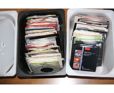 TWO TRAYS CONTAINING OVER ONE HUNDRED AND FIFTY 7' SINGLES OF ROCK, METAL AND GOTH MUSIC, including Bruce Dickenson, The Damn