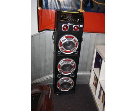 A STEEPLETONE SFB1M FLOOR BOX SPEAKER SYSTEM, 90w output with USB, ¼' jack and memory card inputs and Laser lighting system i