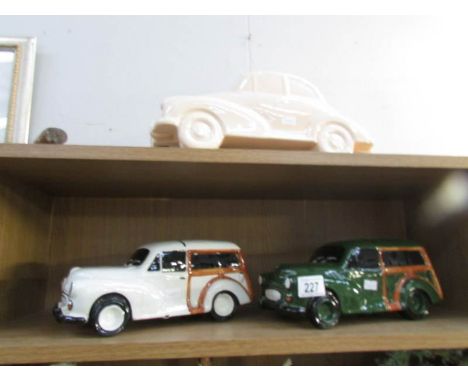 2 Colne Valley Workshop CVW design Morris Minor traveller money boxes and one other ceramic Morris Minor saloon.