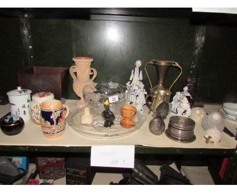 A shelf of miscellaneous china, glass etc.