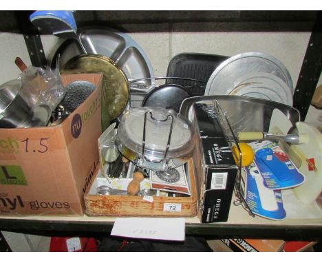 A shelf of miscellaneous kitchen ware etc.,