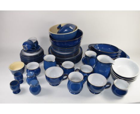 QUANTITY OF DENBY WARE BLUE GLAZED KITCHEN ITEMS INCLUDING TUREENS, DINNER PLATES, SIDE PLATES, CUPS AND SAUCERS AND MILK JUG