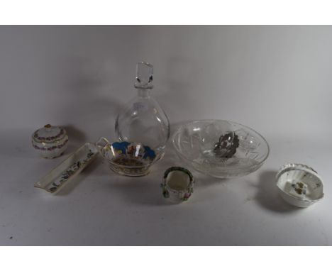 GROUP OF CHINA WARES INCLUDING SMALL DISH MADE FOR THE GOLDEN JUBILEE 2002, A DECANTER AND GLASS FRUIT BOWL WITH FURTHER BASK