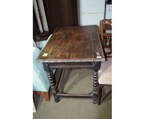 ANTIQUE OAK TABLE RAISED ON BOBBIN LEGS WITH CARVED DETAIL TO EDGE, APPROX 90 X 64CM