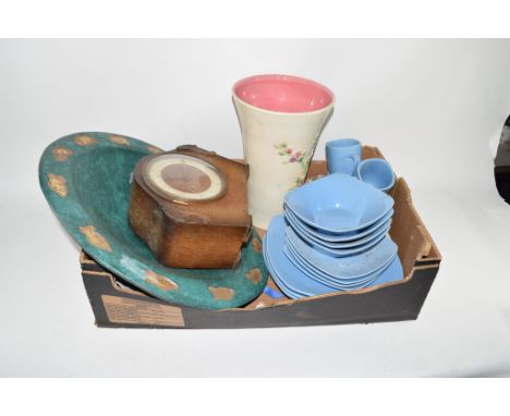 LARGE BOX CONTAINING CERAMIC ITEMS AND WOODEN MANTEL CLOCK