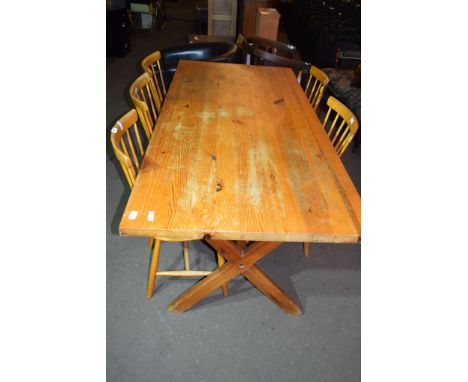 MODERN PINE KITCHEN TABLE, LENGTH APPROX 183CM, WIDTH APPROX 83CM, PLUS A SET OF FIVE STICK BACK CHAIRS