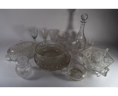 LARGE CUT GLASS DECANTER TOGETHER WITH OTHER CUT GLASS ITEMS INCLUDING FRUIT BOWL AND STAND