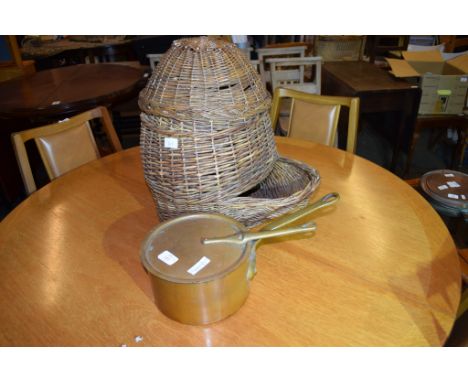 HEAVY COPPER VINTAGE SAUCEPAN, TOGETHER WITH BASKET