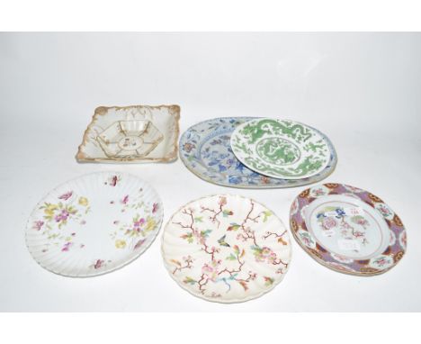 QUANTITY OF CERAMIC ITEMS INCLUDING STONEWARE ORIENTAL STYLE DECORATED PLATES, CAUGHLEY TEA POT STAND AND CARLTON WARE DISH
