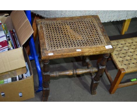 VINTAGE OAK 19TH CENTURY STOOL WITH TURNED LEGS AND STRETCHERS, WIDTH APPROX 40CM