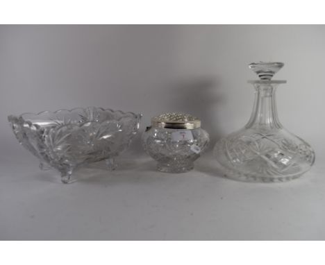 CUT GLASS SHIPS DECANTER WITH CUT GLASS ROSE BOWL AND FRUIT BOWL