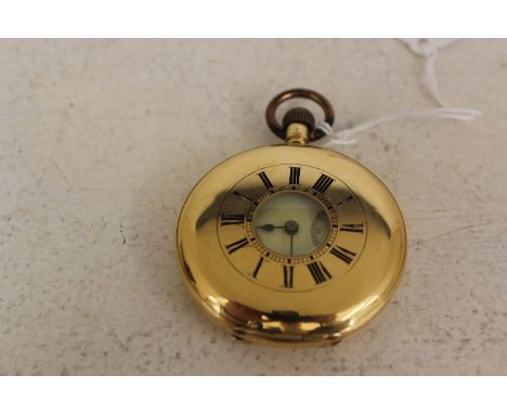 An 18ct yellow gold cased half Hunter pocket watch, Roman numerals to outer and inner chapter ring, subsidiary second hand at