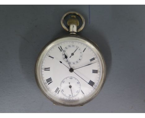 A silver cased open faced pocket watch with stopwatch, the white enamel dial with Roman numerals to chapter ring, subsidiary 