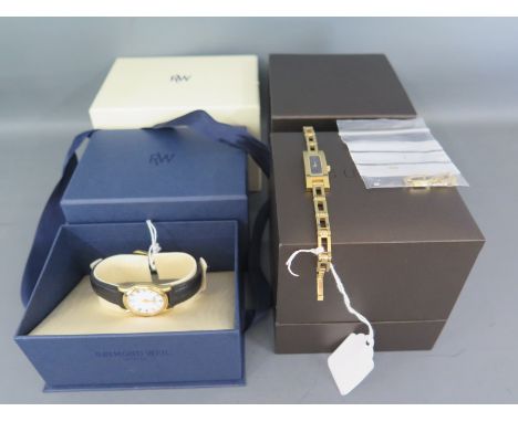 A ladies Raymond Weil wristwatch in gold plated case, Roman numerals to white oval dial with date aperture at 6 o'clock - scr