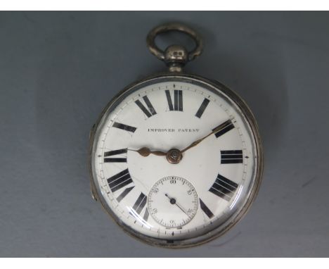 A silver cased open faced pocket watch, white enamel dial with bold Roman numerals to chapter ring, subsidiary second hand di