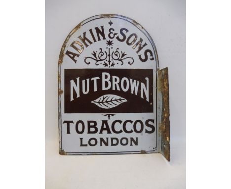 A rare Adkin &amp; Sons' Nut Brown Tobaccos of London shaped double sided enamel sign with hanging flange, 10 x 14". 