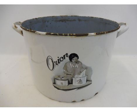 An Orion enamel circular two handled laundry pan, with pictorial decoration to the front, 14 3/4" diameter.