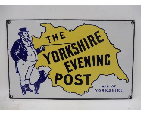 A rare Yorkshire Evening Post rectangular enamel sign depicting John Bull and a map of Yorkshire, 12 3/4 x 8". 