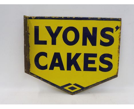 A Lyons' Cakes double sided enamel sign with hanging flange, very good gloss, 17 1/2 x 15 1/4".