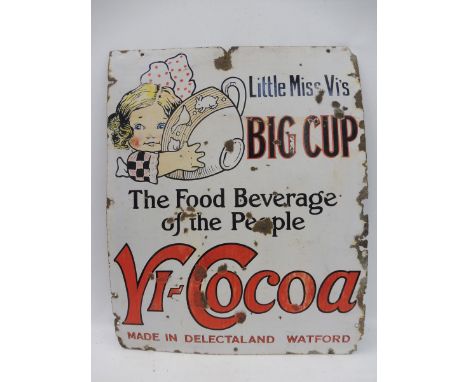 An unusual Vi-Cocoa 'Little Miss Vi's Big Cup' part pictorial enamel sign, 24 1/2 x 30".