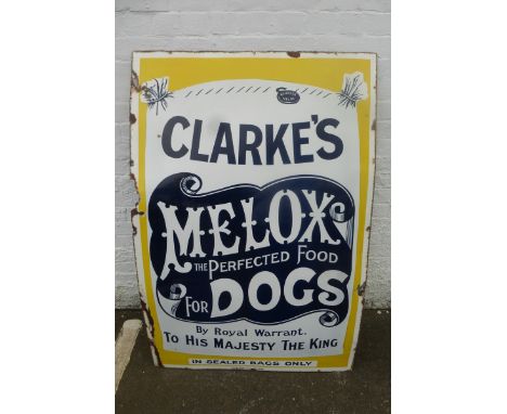 A Clarke's Melox Perfected Food for Dogs enamel sign by Patent Enamel with good gloss, 40 x 60".