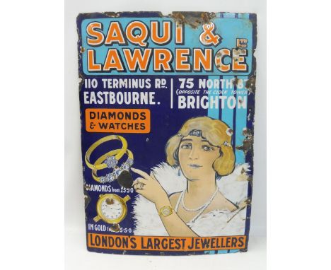 A Saqui &amp; Lawrence Jewellers of Brighton pictorial enamel sign, 19 1/2 x 28".