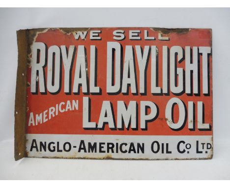 A Royal Daylight American Lamp Oil double sided enamel sign with hanging flange, 20 3/4 x 14 1/2".