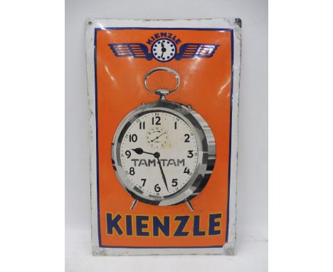 An unusual Kienzle Tam-Tam pictorial clock convex enamel sign, made in Germany, 11 1/4 x 18". 