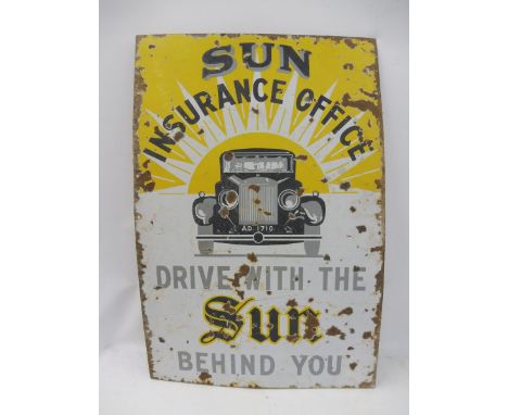 A Sun Insurance Office pictorial enamel sign with an image of a motor car to the centre, 20 x 30".