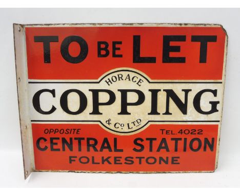 A double sided To Be Let Harris Copping &amp; Co. Ltd. of Folkestone enamel sign with hanging flange, 18 1/4 x 14". 