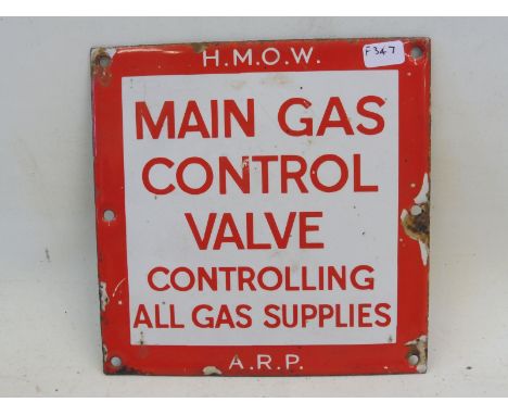 An HMOW and ARP small enamel sign for Main Gas Control Valve, 6 x 6". 