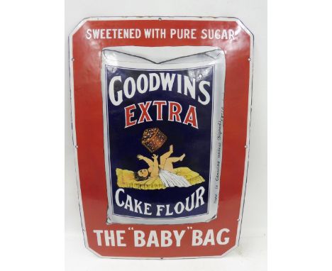 A very rare Goodwin's Extra Cake Flour 'The Baby Bag' pictorial packet enamel sign by George of Bilston, with some restoratio