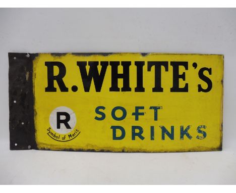 A small R. White's Soft Drinks double sided enamel sign with flattened hanging flange, 20 x 9". 