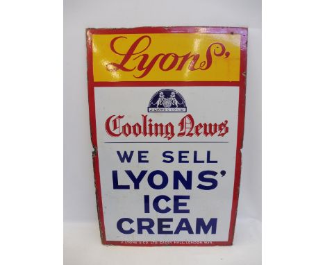 A Lyons' Cooling News Lyons' Ice Cream rectangular enamel sign, 22 1/2 x 34 1/2". 