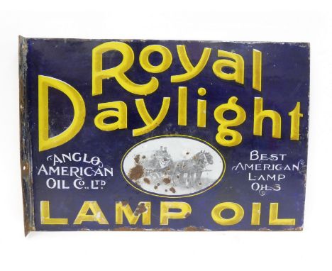 A Royal Daylight Lamp Oil part pictorial double sided enamel sign, with hanging flange, some older minor retouching, 21 x 14 